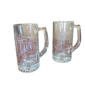 Las Vegas Etched Glass Beer Mugs‎ 5.5” Souvenir Barware 2003 Set of 2 Collectors
